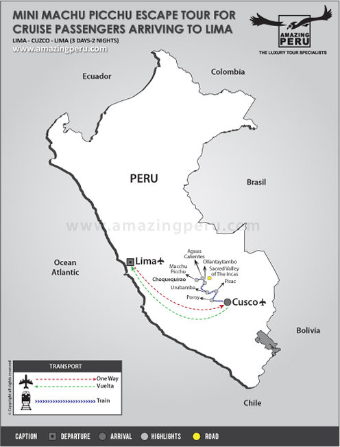 tour map: Mini Machu Picchu Escape tour for cruise passengers arriving to Lima - 3 days / 2 nights.