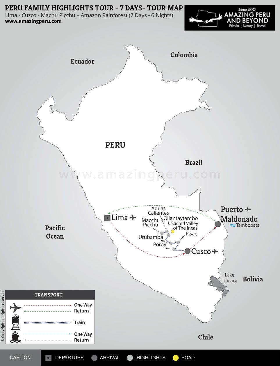 tour map:Peru Family Highlights Tour - 7 days - 7 days / 6 nights.