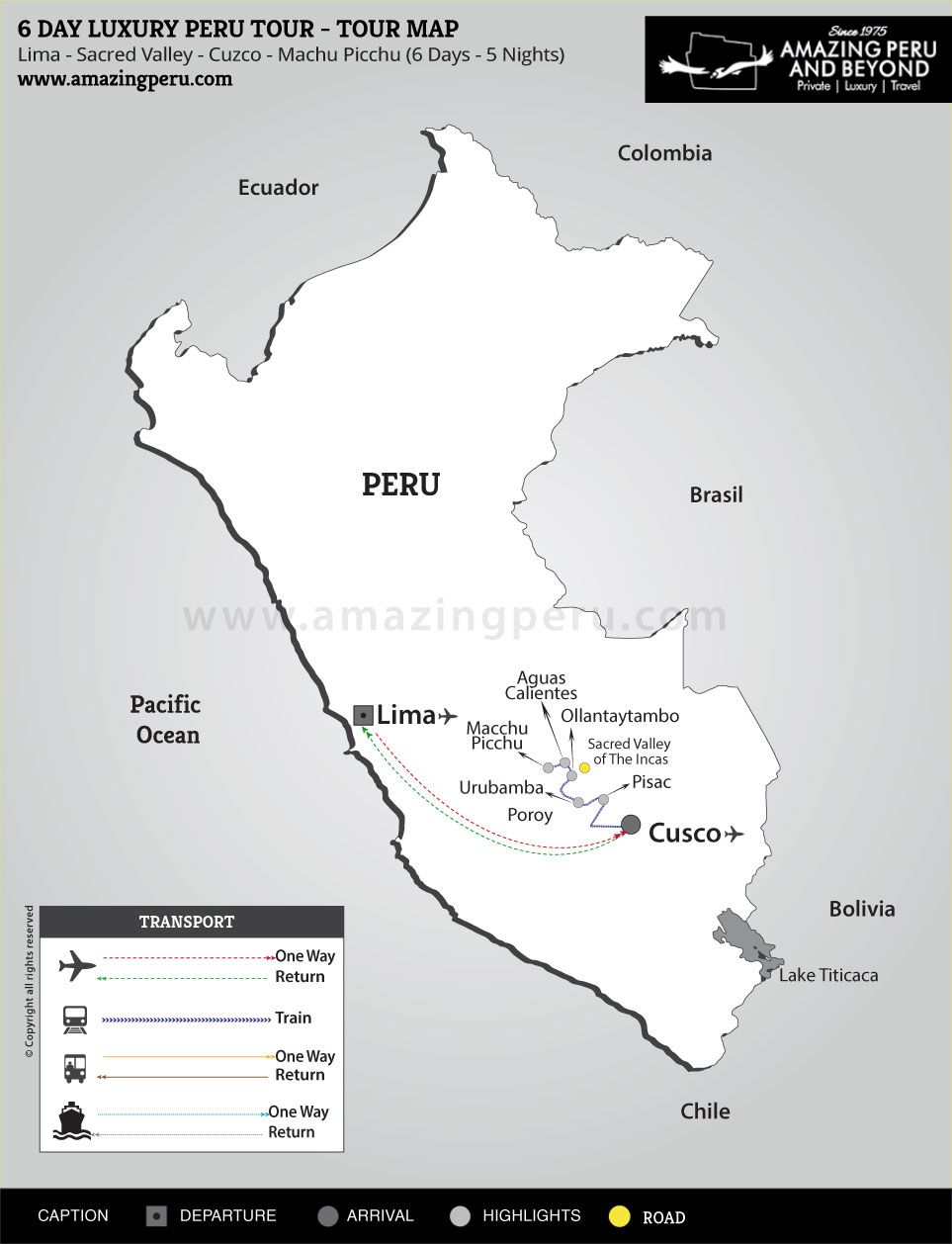 Inspiring Luxury Peru & Machu Picchu Tour package - 6 days / 5 nights. Tour Map Luxury Peru