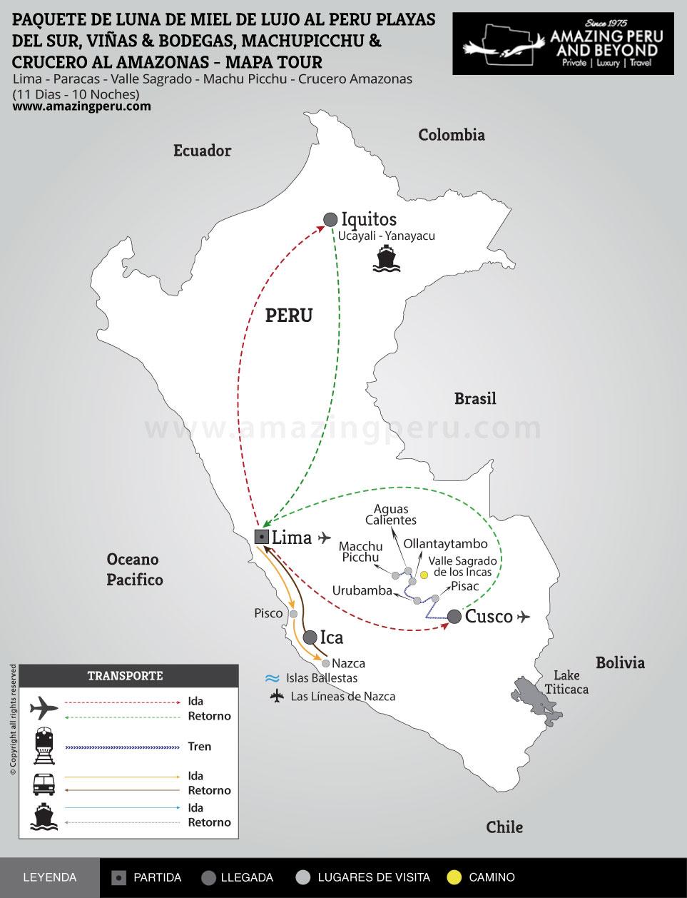 Paquete de Luna de Miel de Lujo al Peru - Playas del Sur, Viñas & Bodegas, Machu Picchu & Crucero al Amazonas - 11 días / 10 noches. Paquete de Luna de Miel de Lujo al Peru - Playas del Sur, Viñas & Bodegas, Machu Picchu & Crucero al Amazonas